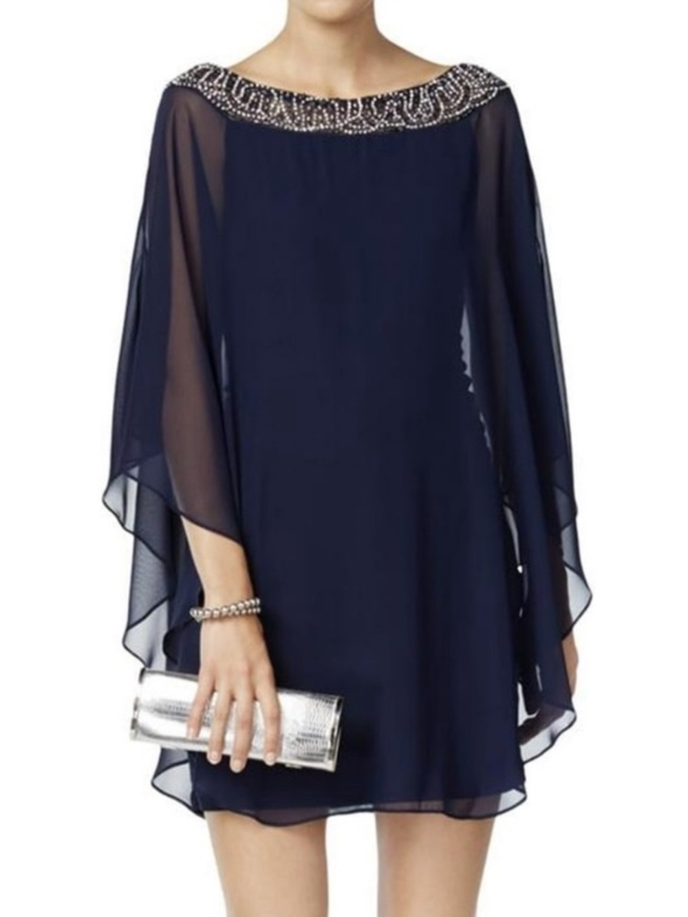 Xscape Embellished Chiffon Cape-Overlay Dress Navy Blue Beaded Neckline Cocktail